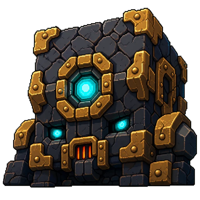 A towering stone guardian with bronze armor and a glowing turquoise core