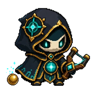A hooded marble adventurer with glowing turquoise eyes