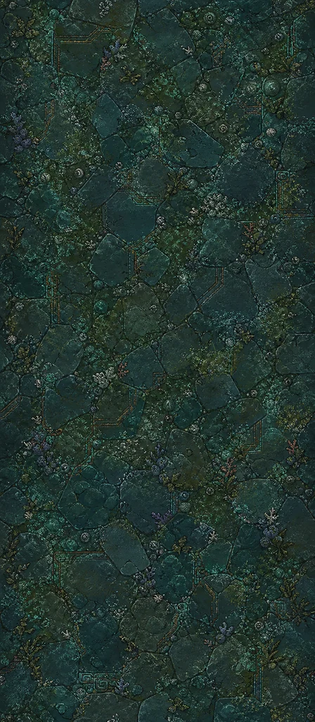 Turquoise sea-worn paving and ancient shell motifs